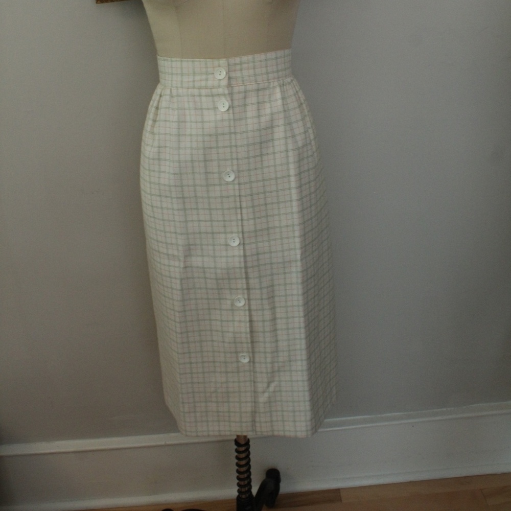 1980's Vintage Plaid White Midi Button Front Skirt